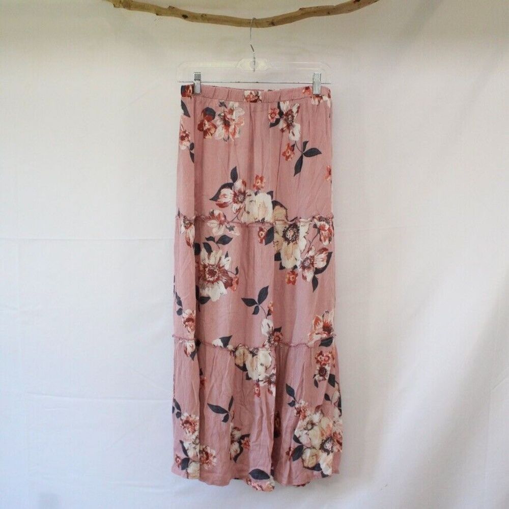 Studio 253 Long Modest Pink Floral Ruffle Skirt Size S Small Knit Maxi Skirt
